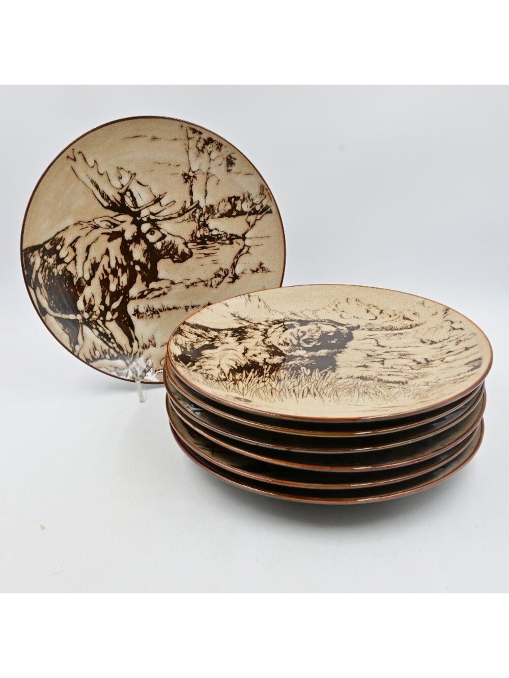 Mossy Oak Ceramic Wildlife Dinner Plates Set Of 7 11" Elk Moose Duck Bear Scenes